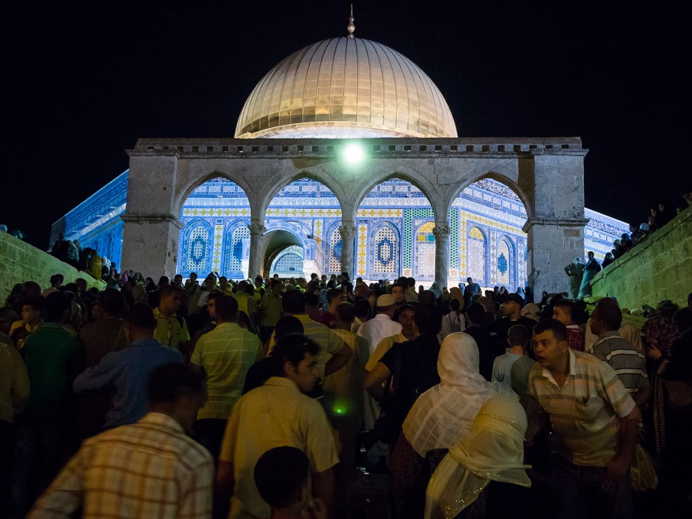 The Dome of the Rock on the night of Laylat al-Qadr, which celebrates the anniversary when the first verses of the Quran were revealed to the Islamic prophet Muhammad.