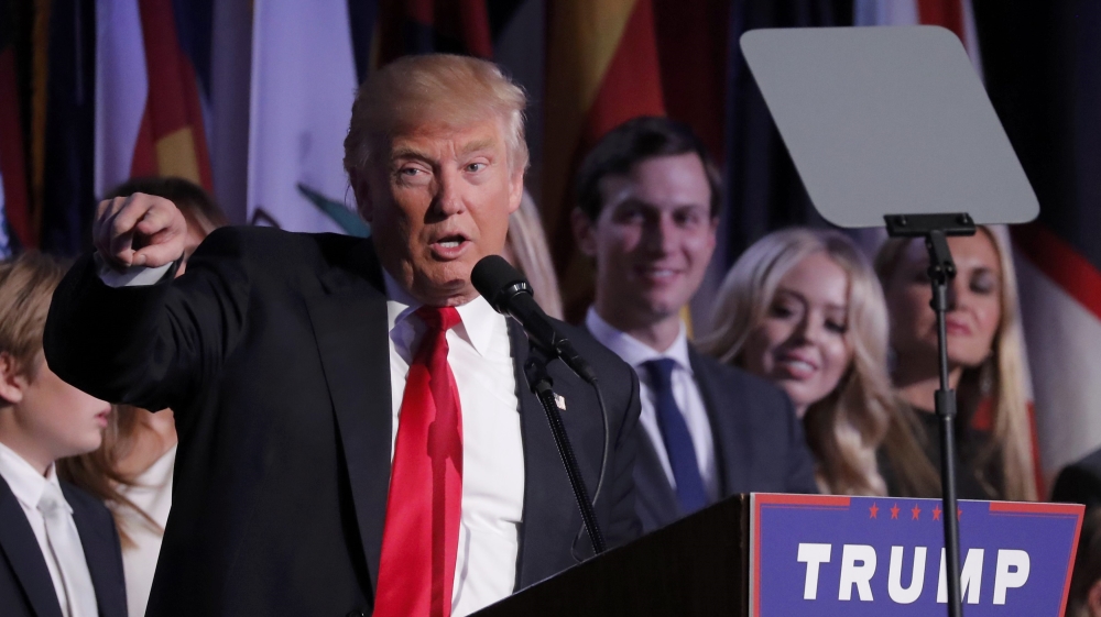 U.S. President-elect Donald Trump addresses supporters at his election night rally in New York