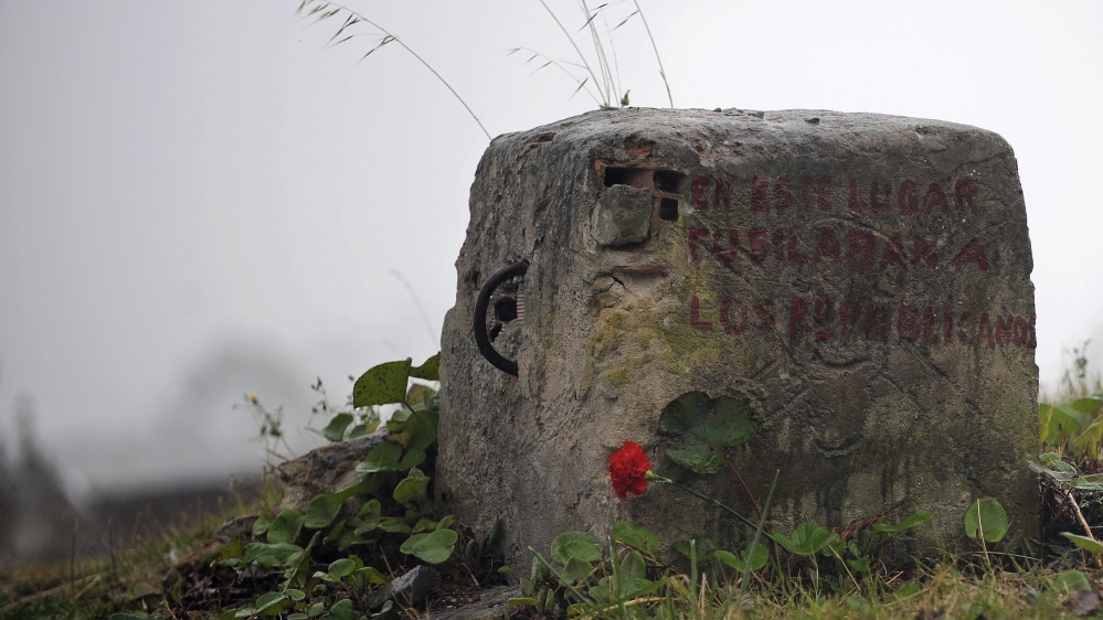 The Monolith in memoriam of Spanish poet Federico Garcia Lorca is seen where he is believed to be buried at the village of Viznar, near of Granada, Spain [Sergio Torres/AP]
