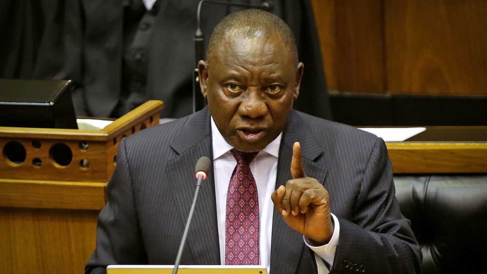 South African President Cyril Ramaphosa speaks in parliament in Cape Town