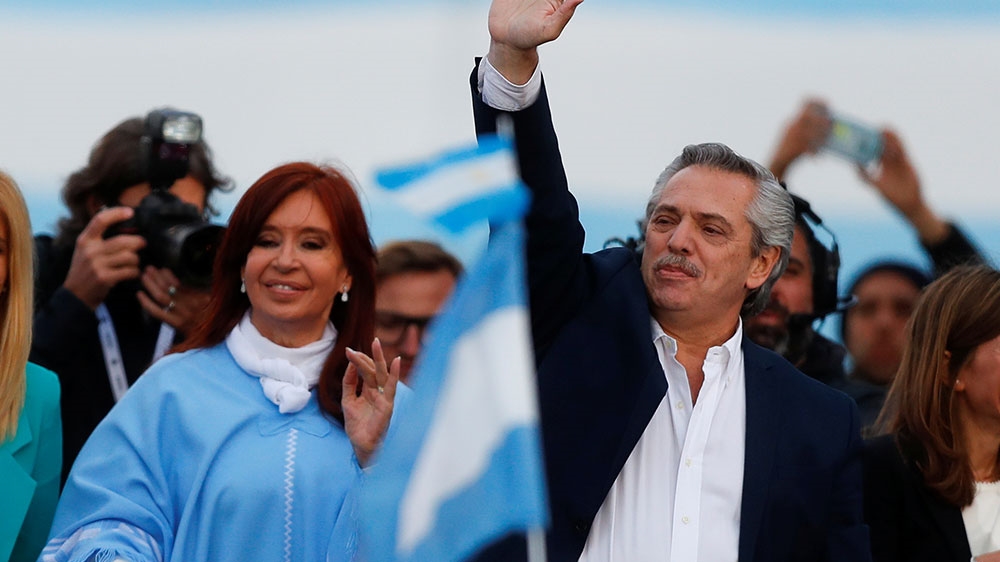 Argentina’s presidential candidate Alberto Fernandez and his running mate former President Cristina Fernandez de Kirchner greet supporters during a closing campaign rally in Mar del Plata, Argentina