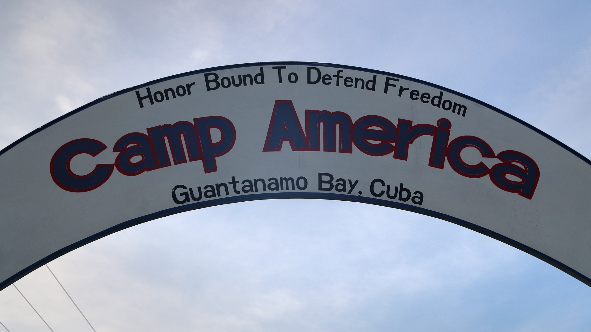 A sign hangs in a US military guard camp at the prison at Guantanamo Bay