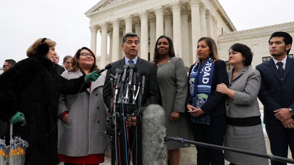 California Attorney General Xavier Becerra, flanked by New York State Attorney General Letitia James and DACA plaintiffs, speaking to reporters outside the US Supreme Court in Washington, on November 12, 2019
