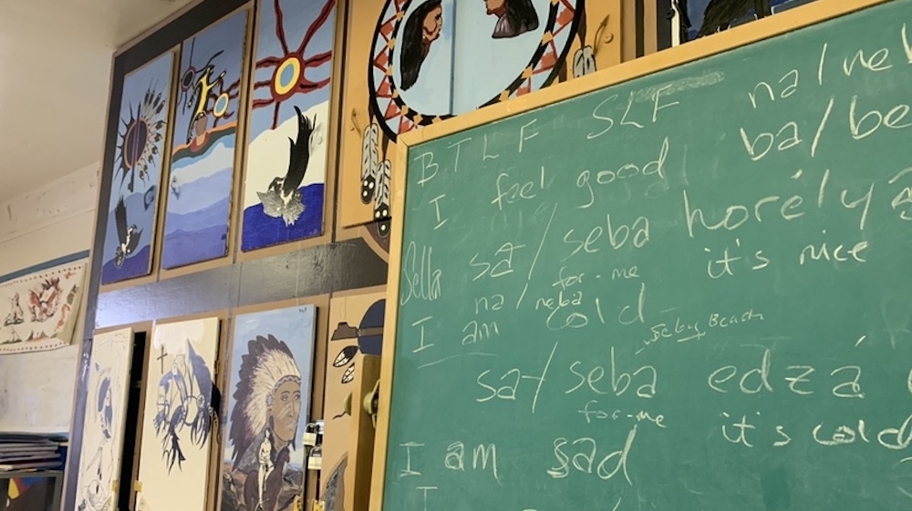 Student artwork is displayed in the former residential school, now a First Nations university