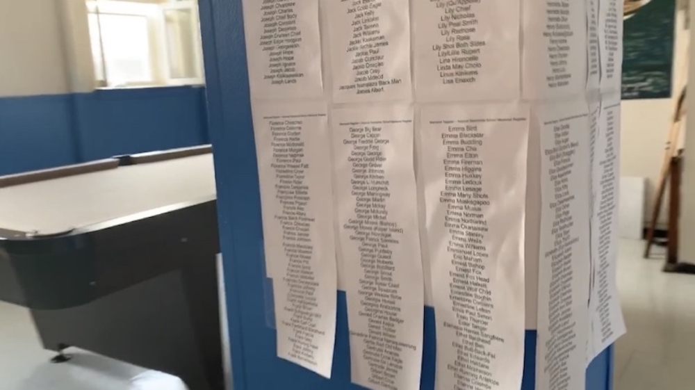 The names of children who died at residential schools, printed on sheets of paper