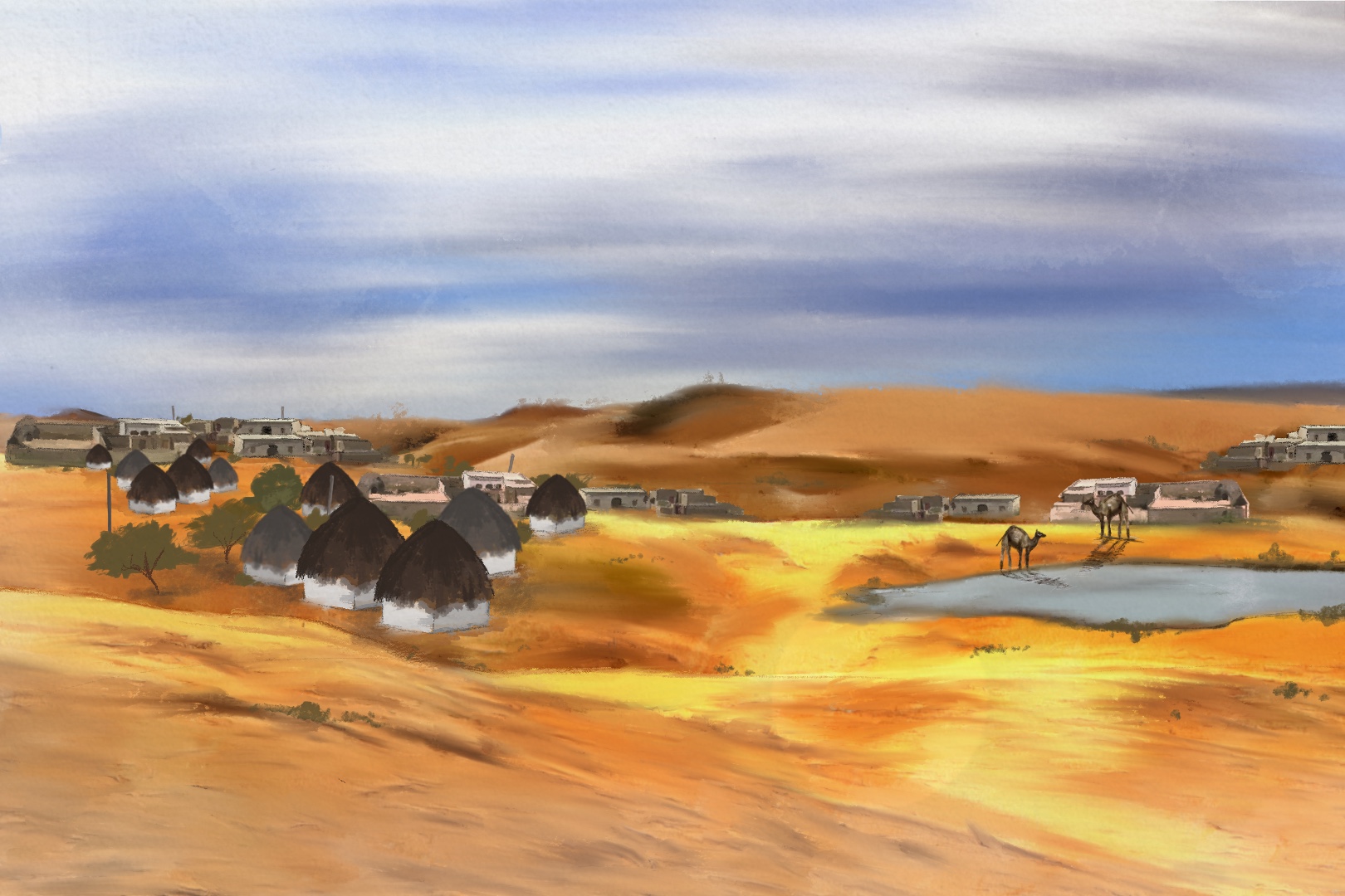 An illustration of huts and houses and camels in the distance in the dessert.