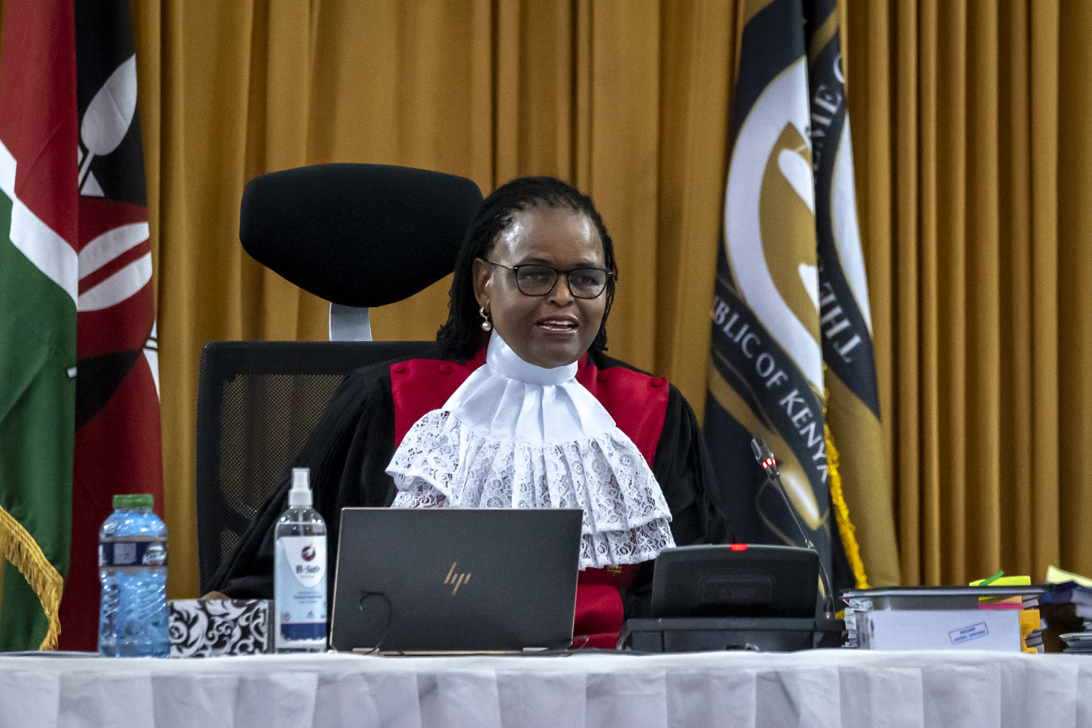 Chief Justice Martha Koome listens as hearings commence on petitions challenging the result of the 2022 presidential election at the Supreme Court in Nairobi, Kenya, on August 31, 2022