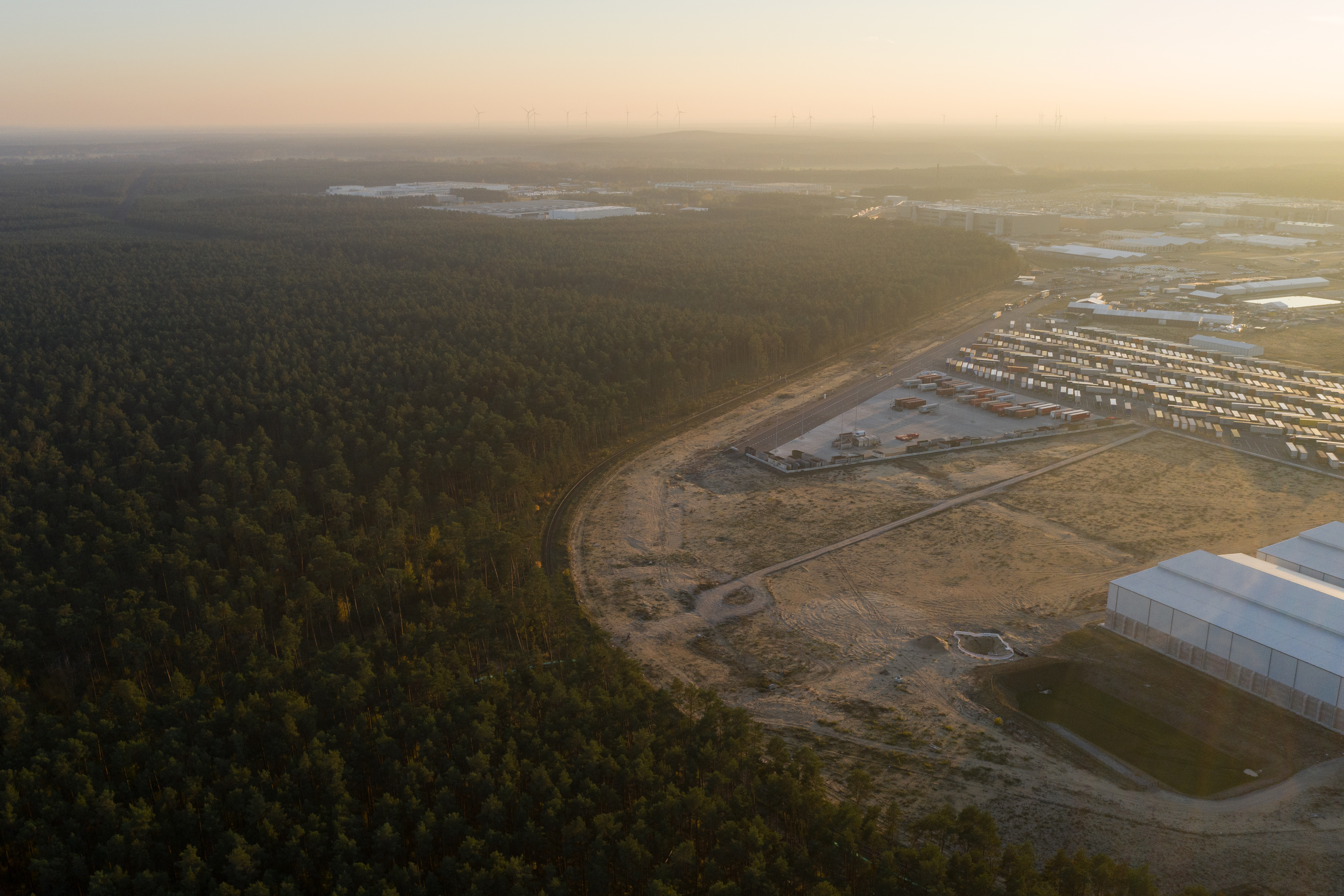 A drone photo shows Tesla’s gigafactory in the Grunheide Forest. Plans to cut an additional 100 hectares (247 acres) from the forest to expand the facility will further strain local water supply, protesters say