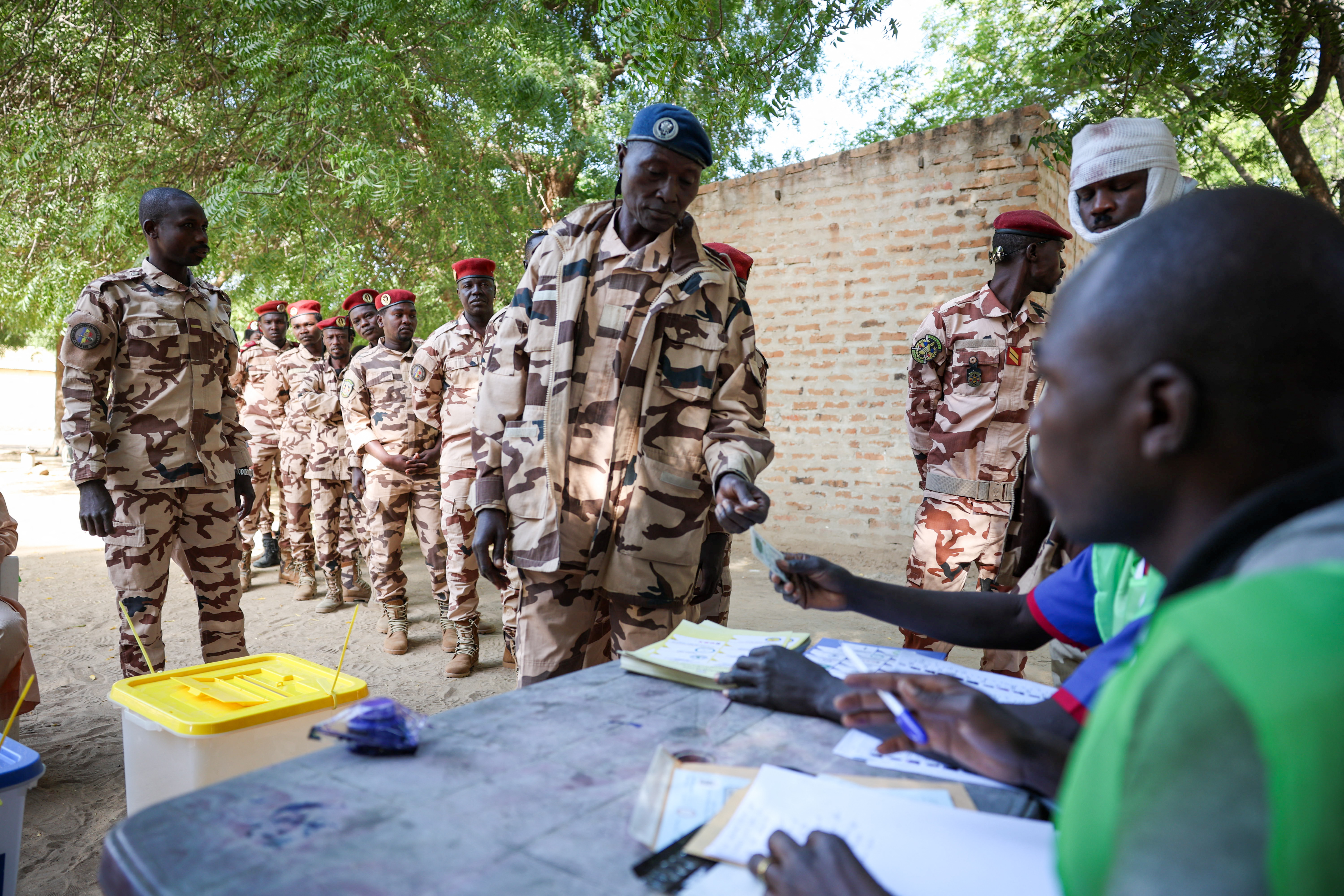 Members of the Chadian security forces vote for the legislative, provincial and local elections at a barrak in Koundoul on December 28, 2024