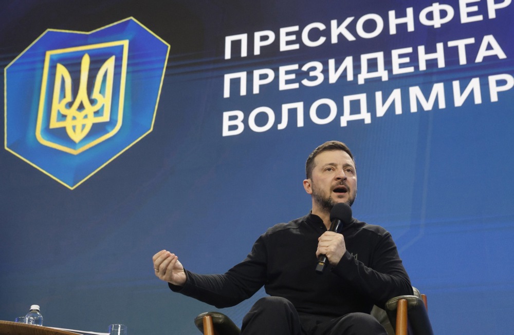 epa11918998 Ukrainian President Volodymyr Zelensky holds a press conference at the end of the forum 'Ukraine. Year 2025', in Kyiv, Ukraine, 23 February 2025, amid the Russian invasion. The 'Ukraine. Year 2025' forum took place with the participation of heads of state institutions one day before the third anniversary of the war in Ukraine, which began with Russia's full-scale invasion in 2022. The conflict has caused widespread destruction and a humanitarian crisis. EPA-EFE/SERGEY DOLZHENKO