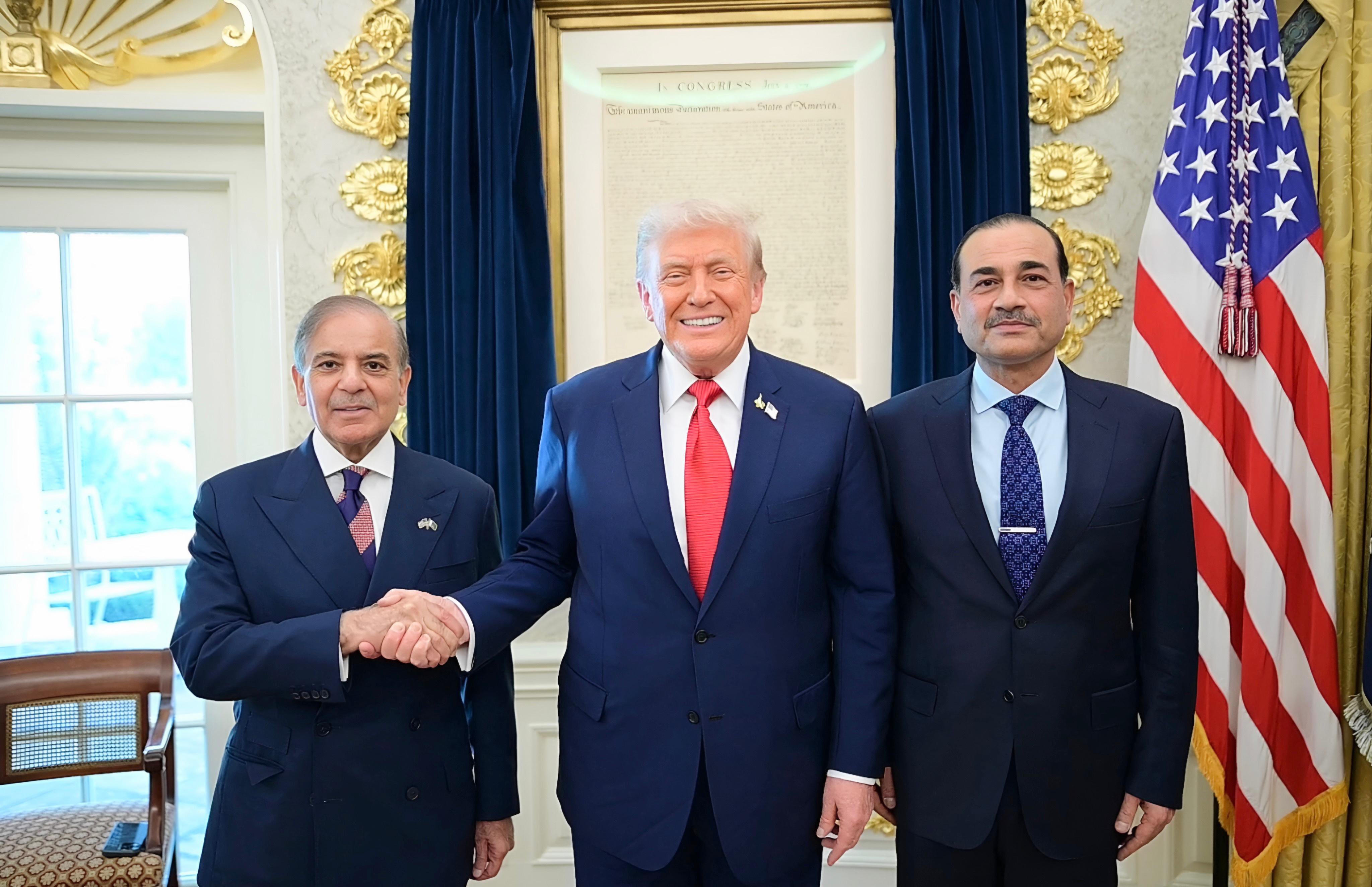 Prime Minister Shehbaz Sharif and Field Marshal Asim Munir pictured with US President Donald Trump in the White House.