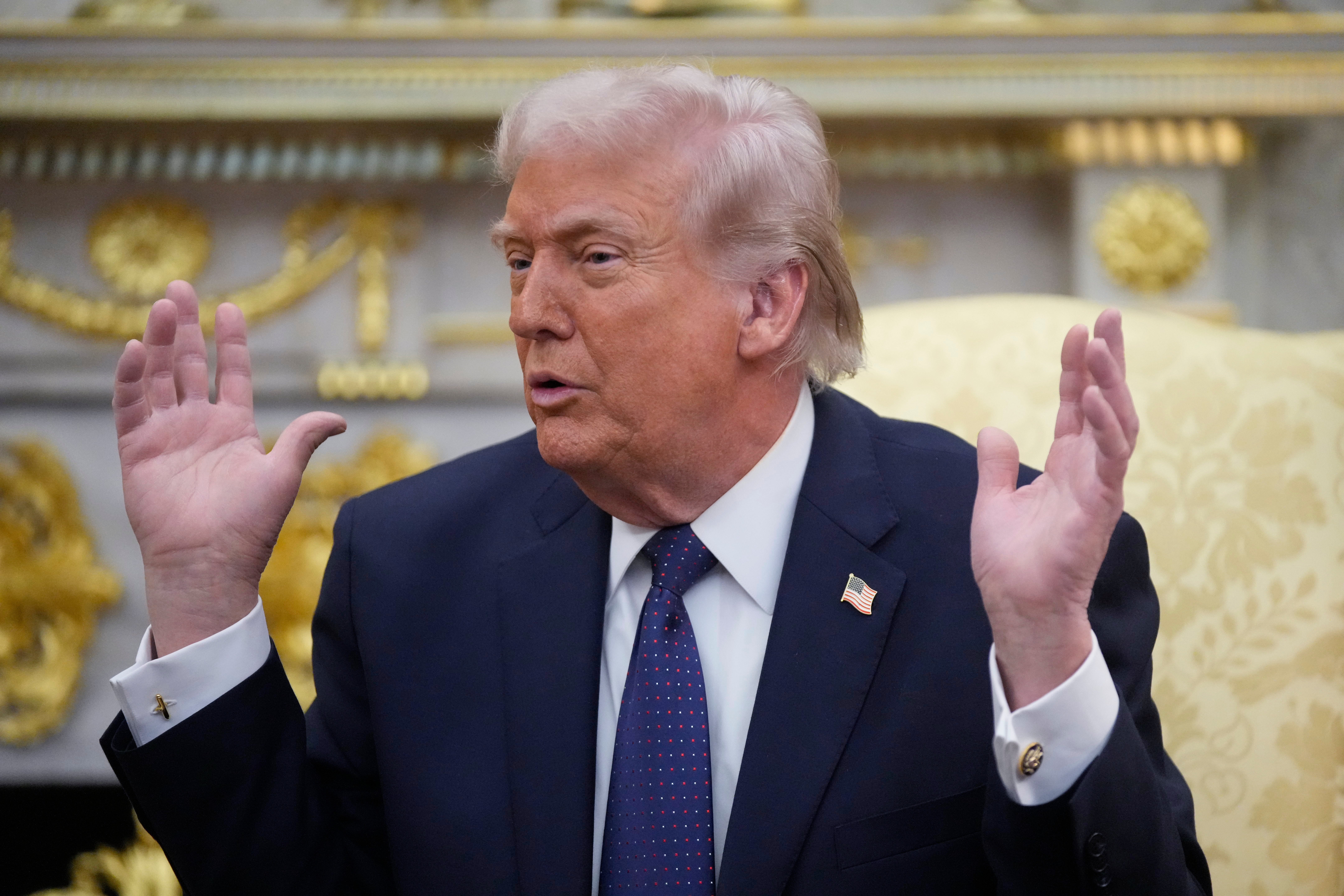 President Donald Trump speaks during a meeting with German Chancellor Friedrich Merz in the Oval Office at the White House, Tuesday, March 3, 2026, in Washington. (AP Photo/Mark Schiefelbein)