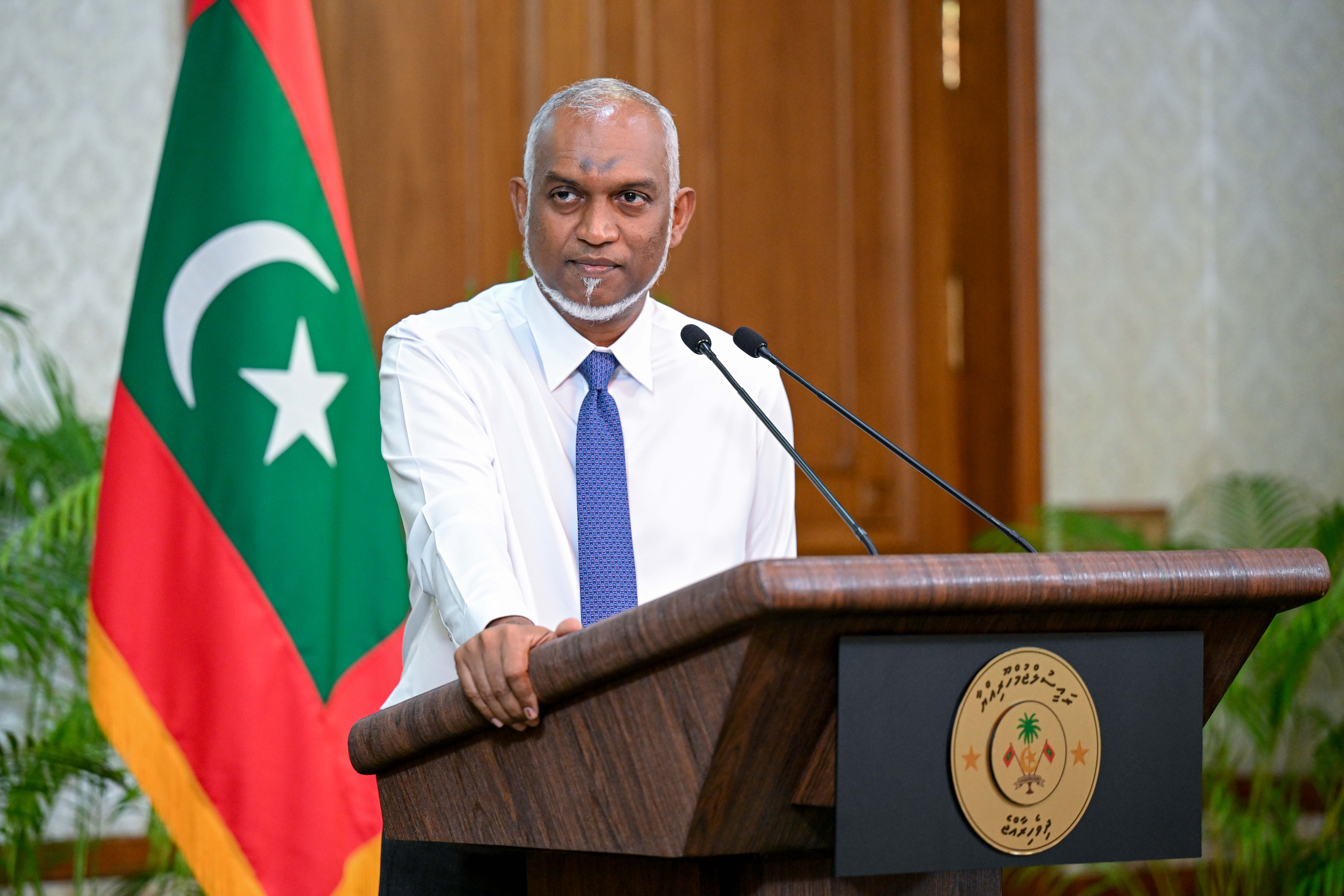 Maldives President Mohamed Muizzu at a press conference in the President's Office on Monday, April 27, 2026