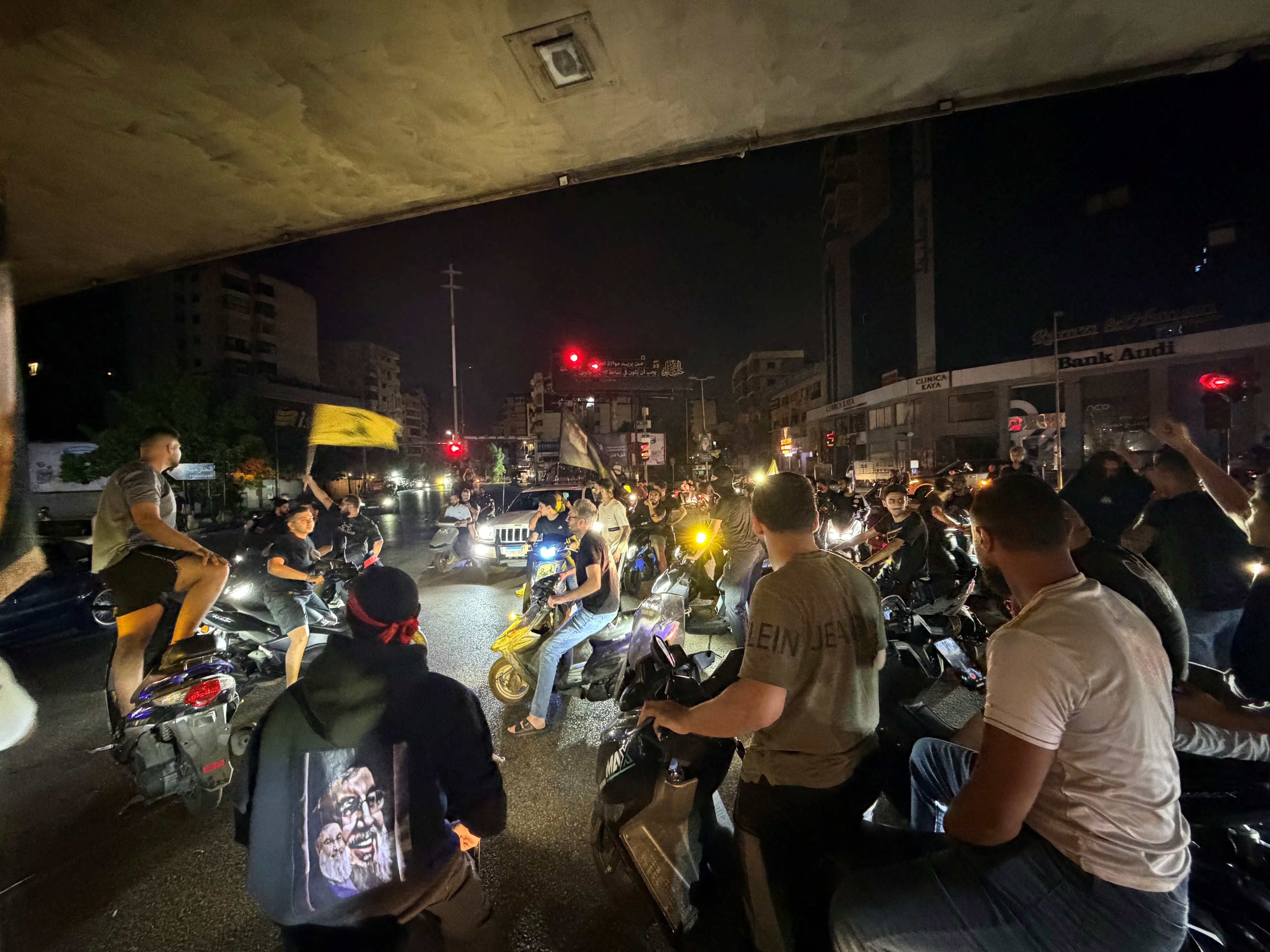 Hezbollah supporters take to the streets in the southern suburbs of Beirut
