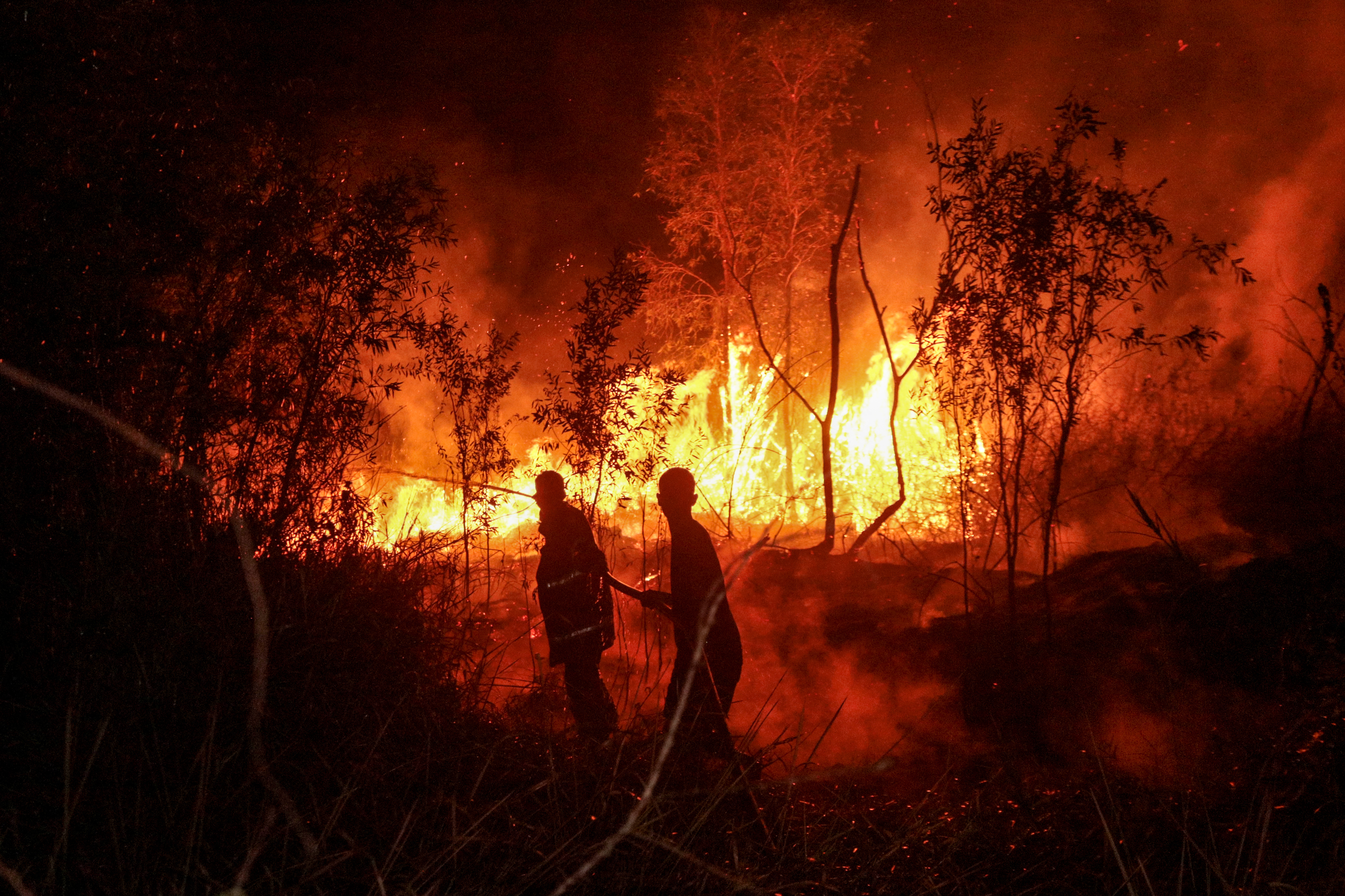 Firefighters work on cointaining a wildfire in Banjarbaru, South Kalimantan province, on October 13, 2026. Toxic haze has shrouded parts of Indonesia, Malaysia and Singapore for weeks as Jakarta struggles to contain fires that have scorched large tracts of Borneo and Sumatra, with the smoke drifting across the region. (Photo by MUDA SAGALA / AFP)