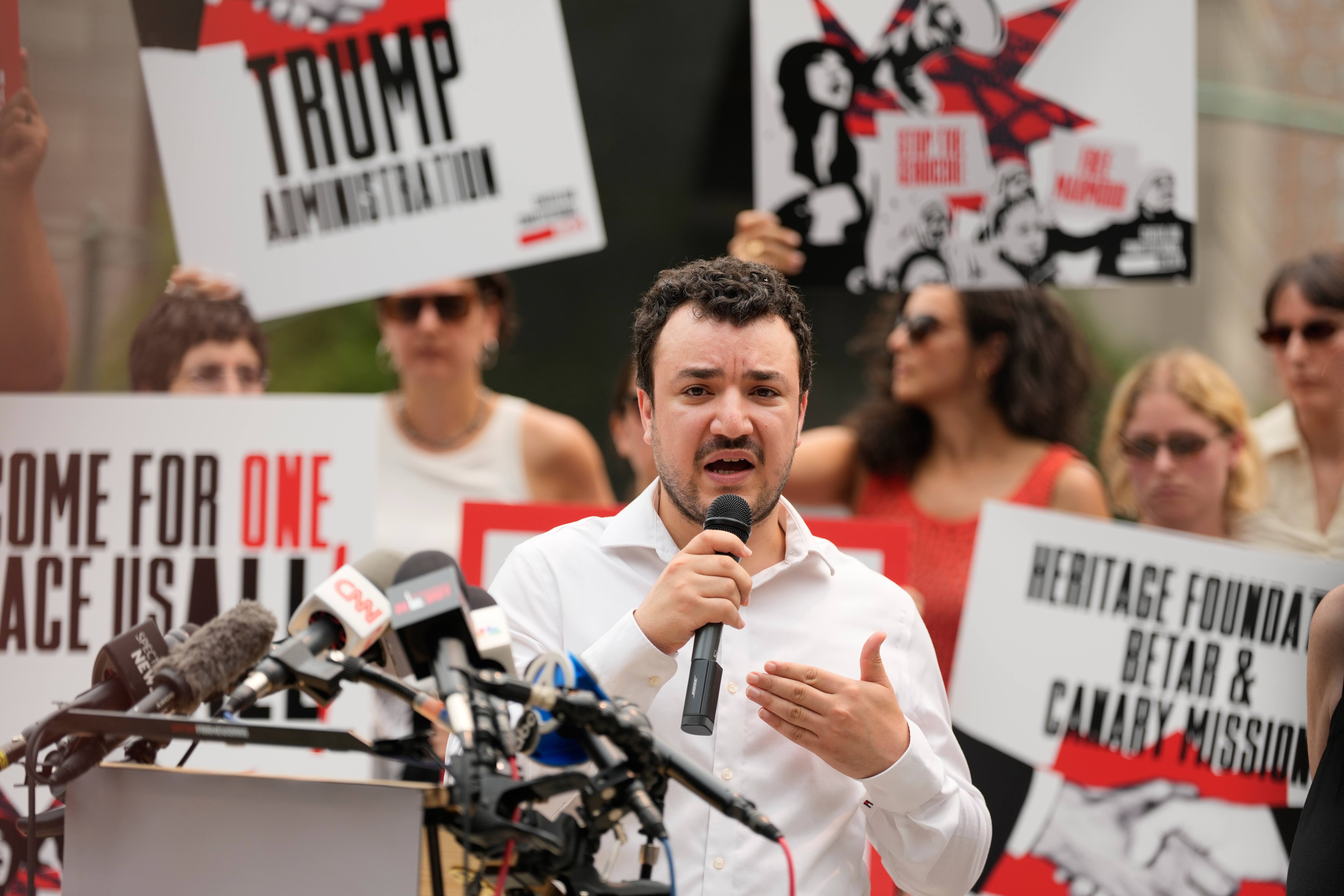 Mahmoud Khalil speaks during a news conference in New York, Tuesday, July 14, 2026 [Seth Wenig/AP]