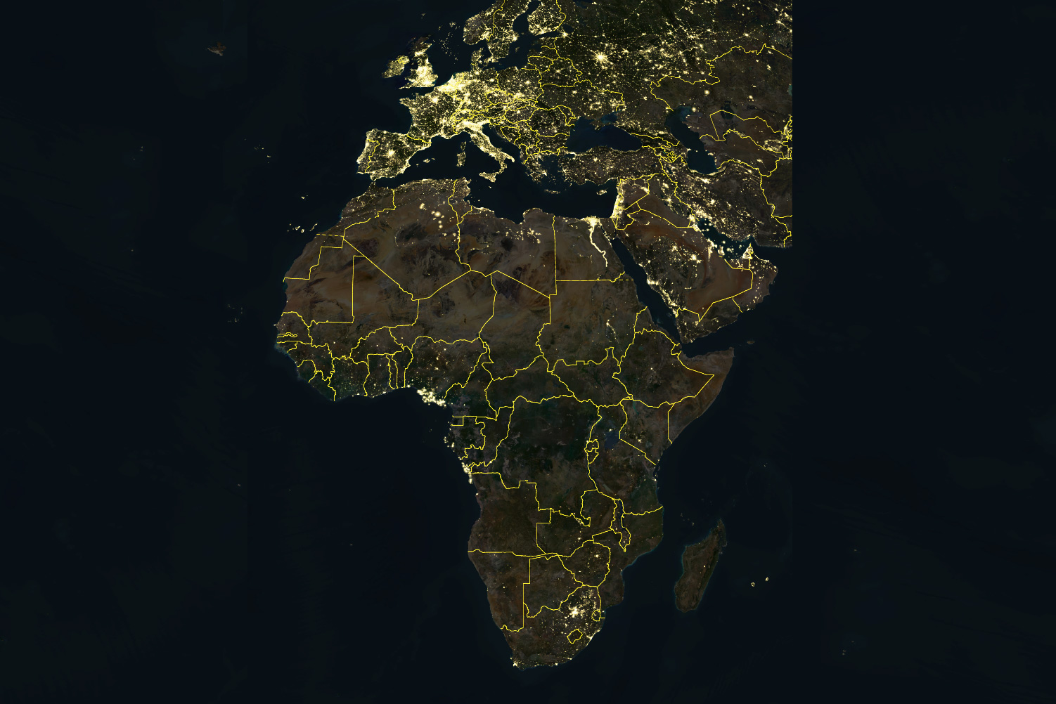 A satellite rendering of Africa at night, showing country borders. (Planet Observer/Universal Images Group via Getty Images)