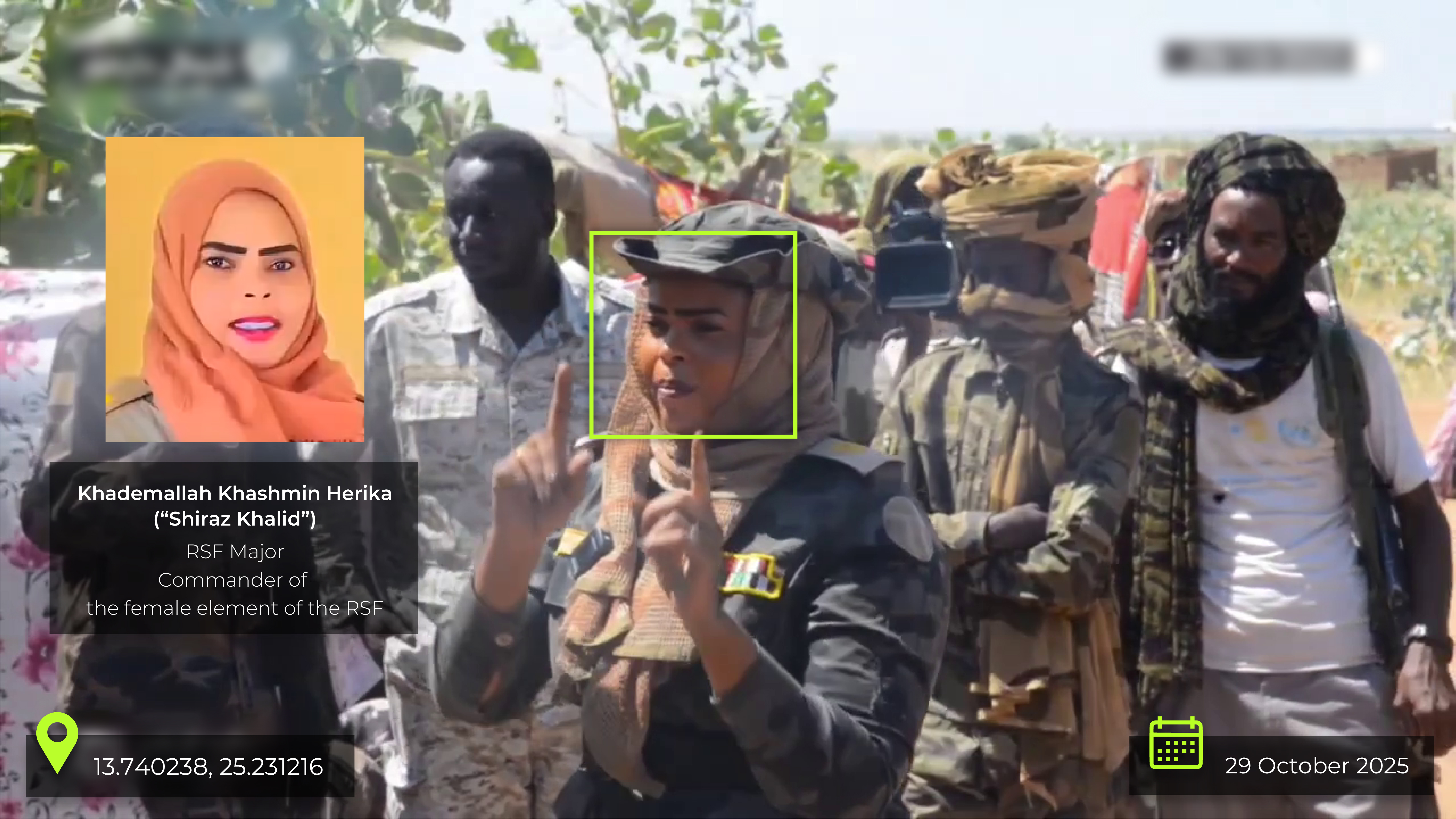 Khademallah Khashmin Herika, known as Shiraz Khalid, verified by the Centre for Information Resilience at Garni, north-west of El Fasher, on 29 October 2025.