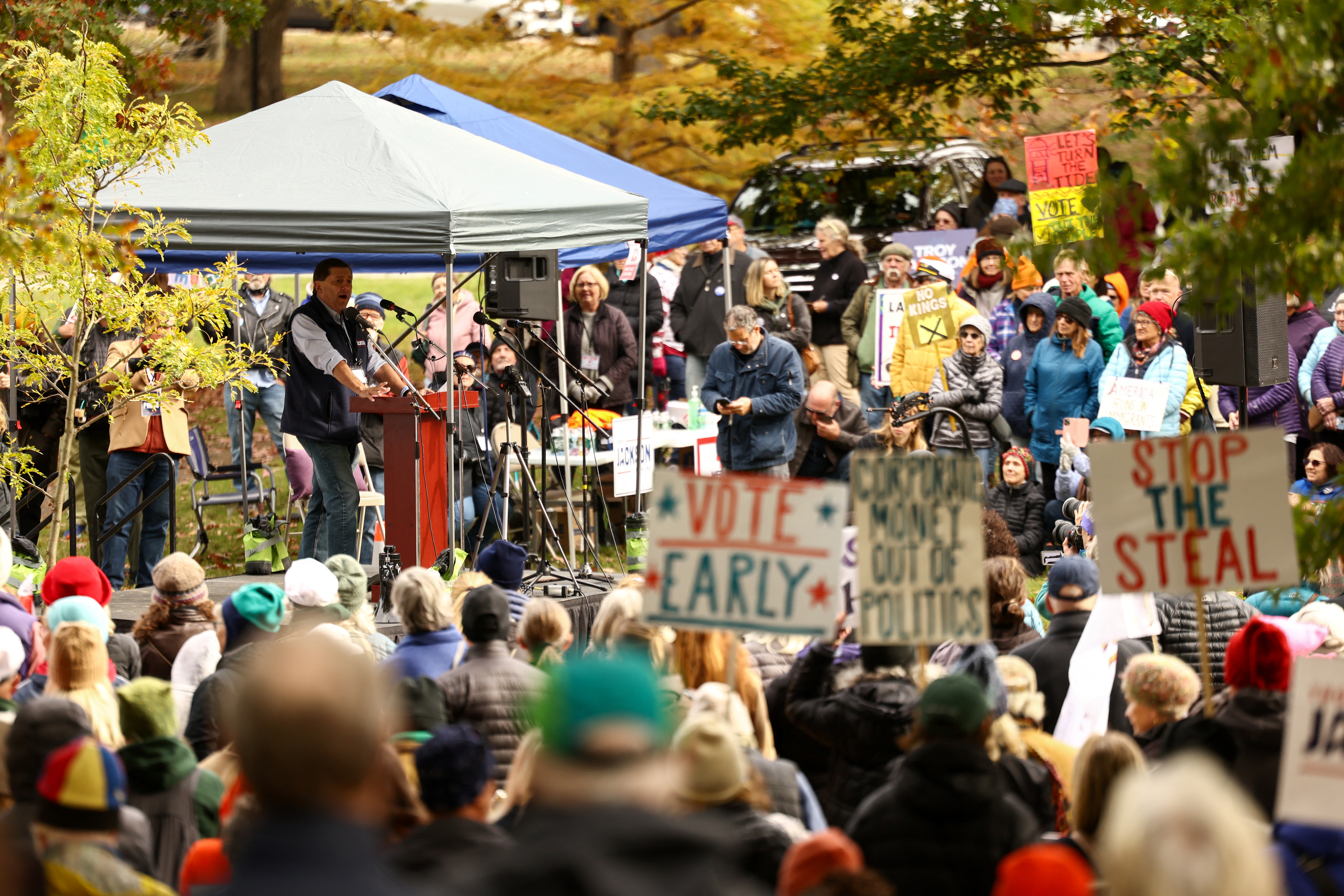 Democratic candidate for US Senate Troy Jackson speaks during a "No Kings: Vote Early" demonstration in Portland, Maine on October 17, 2026.