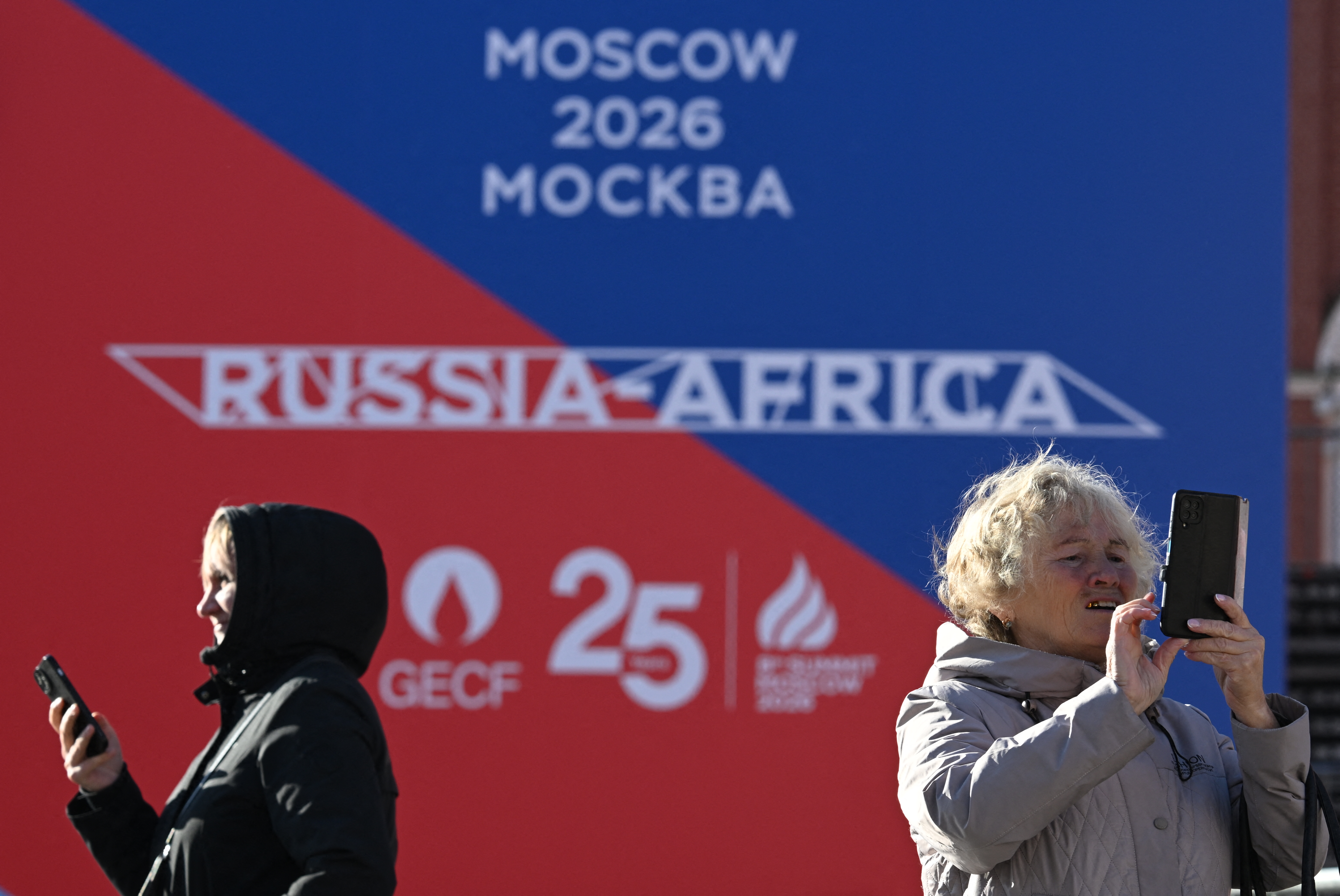 Branding of the Russia-Africa summit sits in central Moscow on October 26, 2026, two days before the summit. (Photo by Igor IVANKO / AFP)