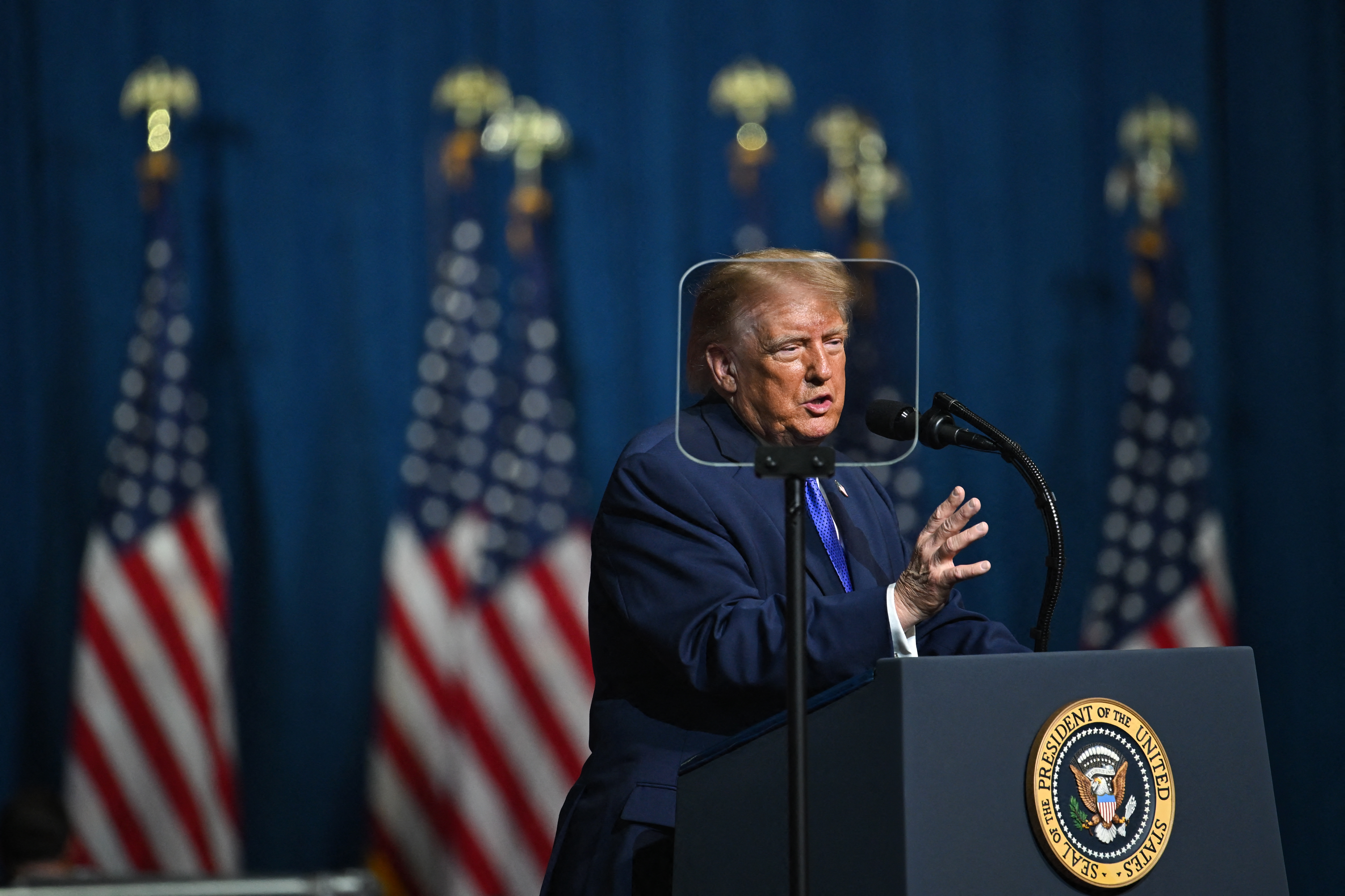US President Donald Trump speaks at a midterm campaign rally at the Rock Hill Sports & Event Center in Rock Hill, South Carolina on October 29, 2026. (Photo by Kent NISHIMURA / AFP)