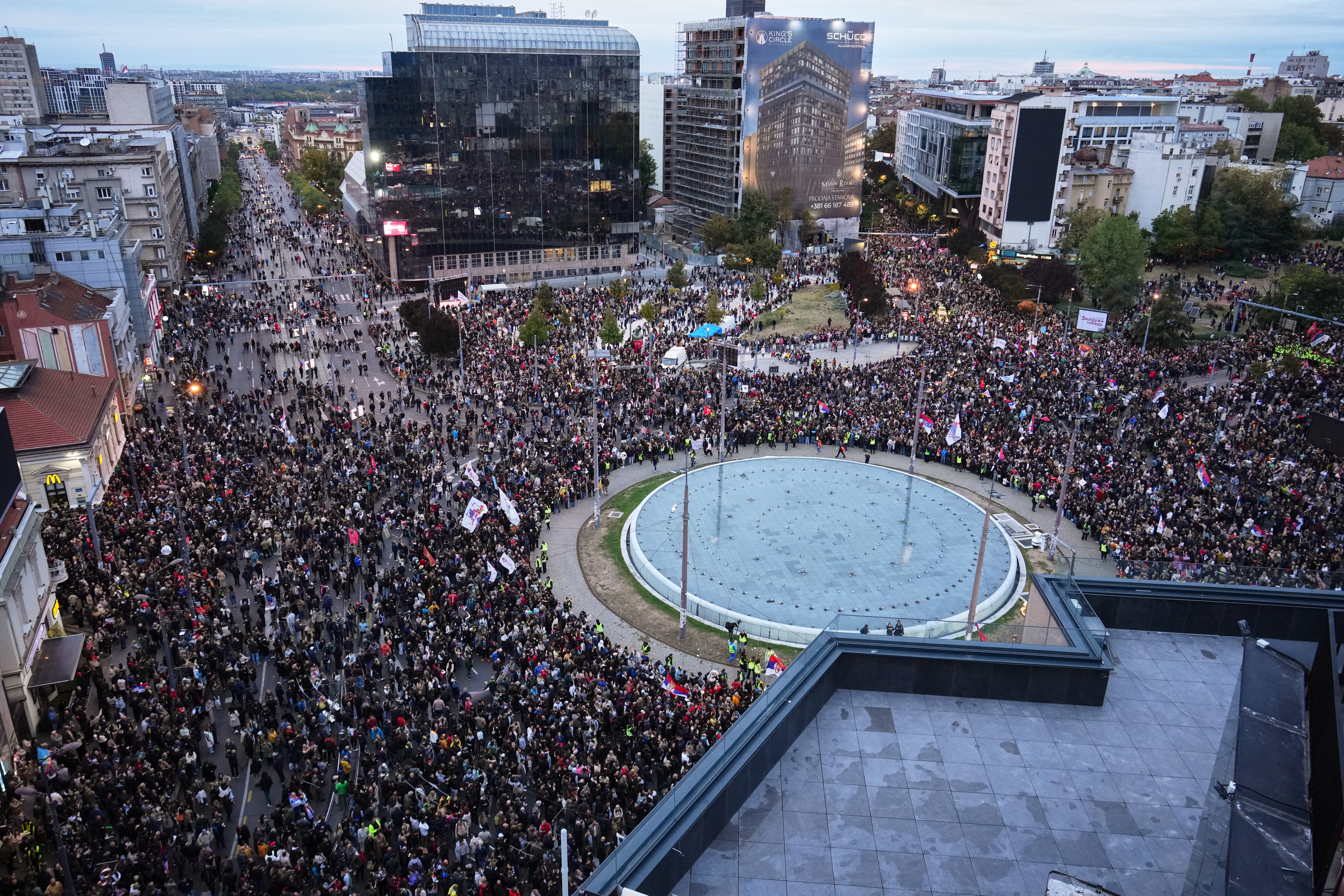 People gather for the final "Student List – Students Win" rally ahead of a parliamentary election in Belgrade, Serbia, Thursday, Oct. 22, 2026. (AP Photo/Petr David Josek)