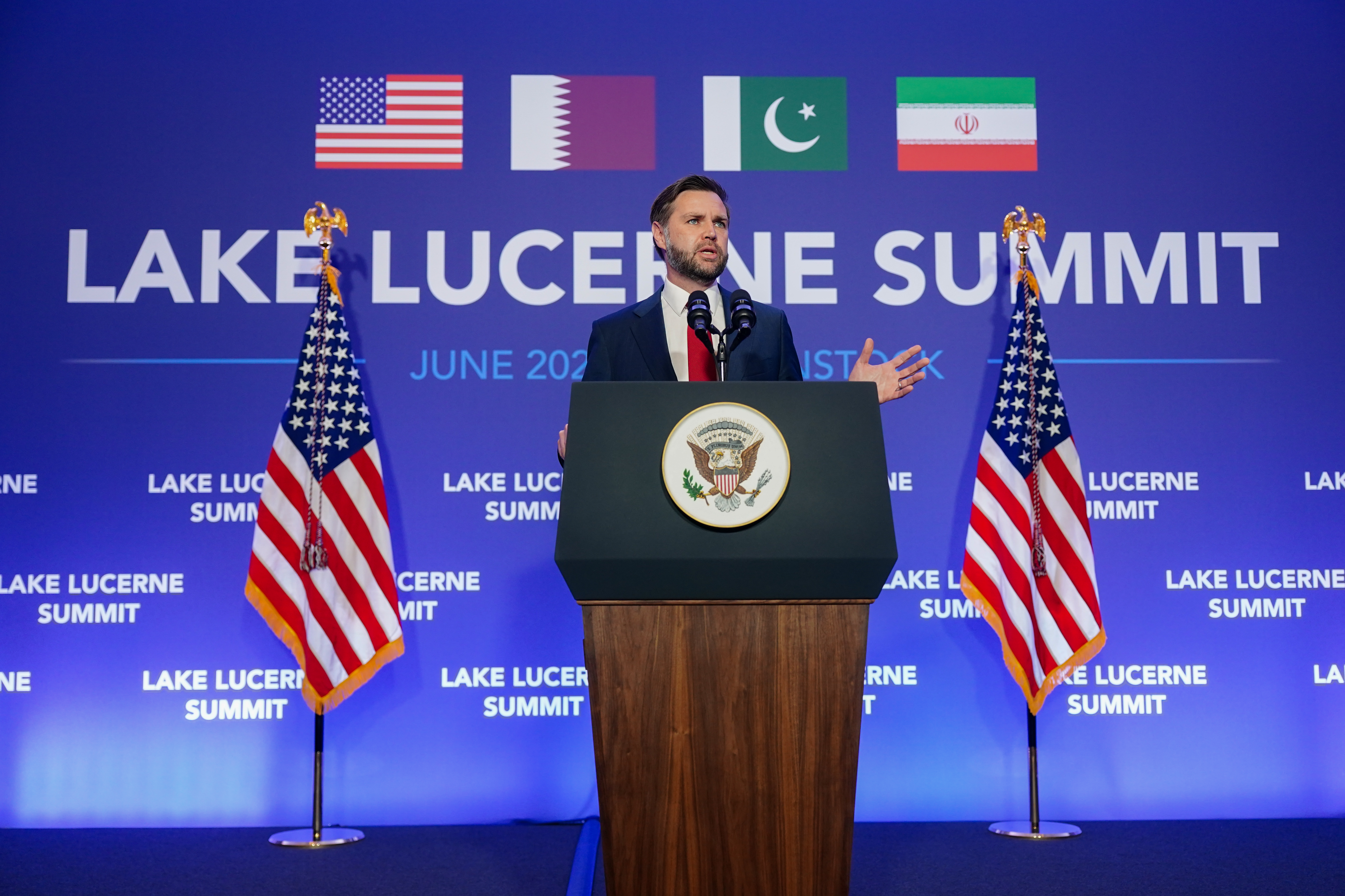 STANSSTAD, SWITZERLAND - JUNE 22: U.S. Vice President JD Vance speaks to members of the media, after the U.S. and Iran held high-level talks at the Lake Lucerne Summit, at Buergenstock Resort Lake Lucerne near Stansstad on June 22, 2026 in Emmen, Switzerland. Vance is visiting Switzerland for negotiations with Iran to end the war and open the Strait of Hormuz that have been delayed by Israeli strikes in Lebanon. (Photo by Nathan Howard-Pool/Getty Images)