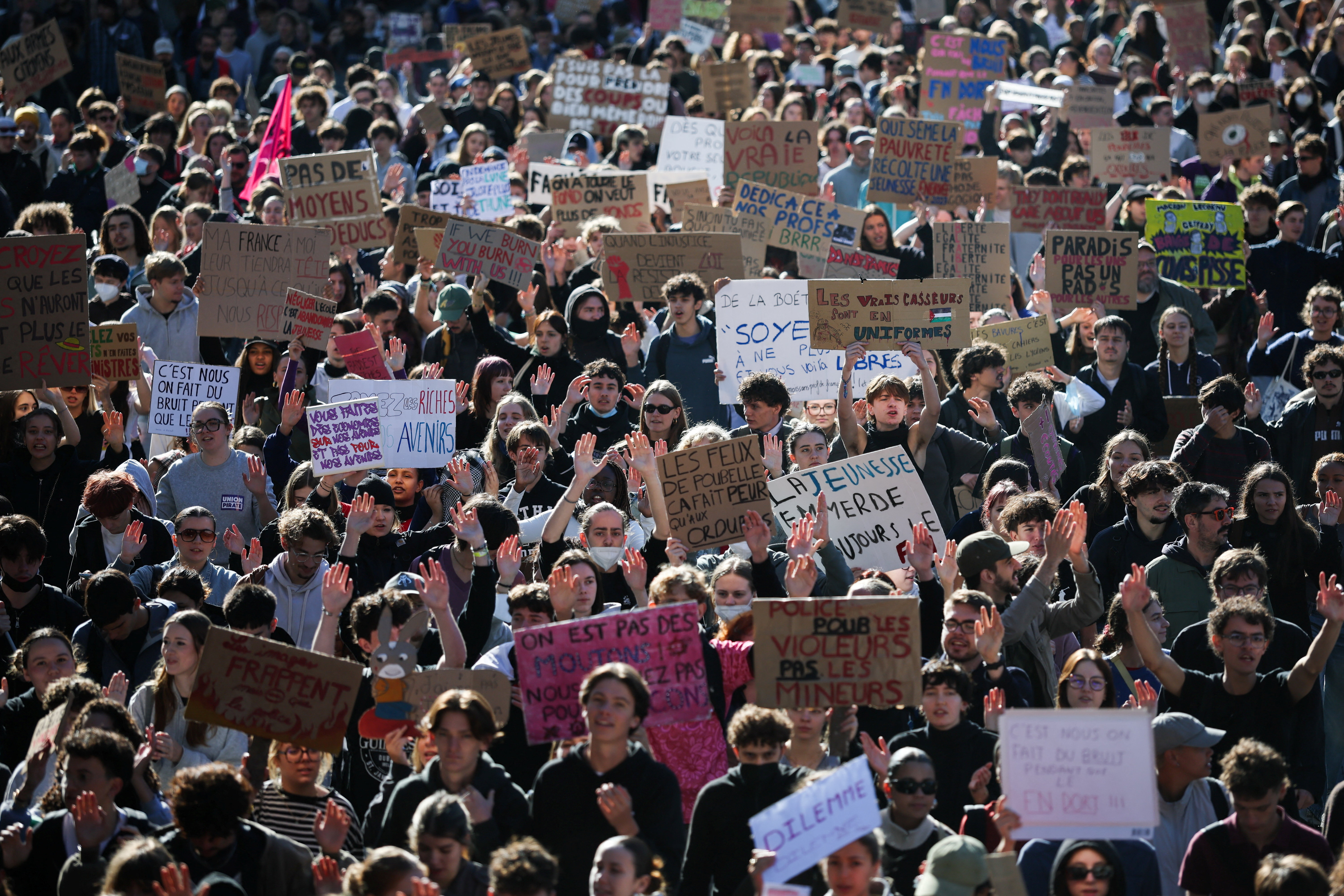 Protestors, including French high school and university students attend a demonstration in Nantes, part of a nationwide day of protests and blockades to demand better school conditions in France, October 8, 2026. REUTERS/Stephane Mahe