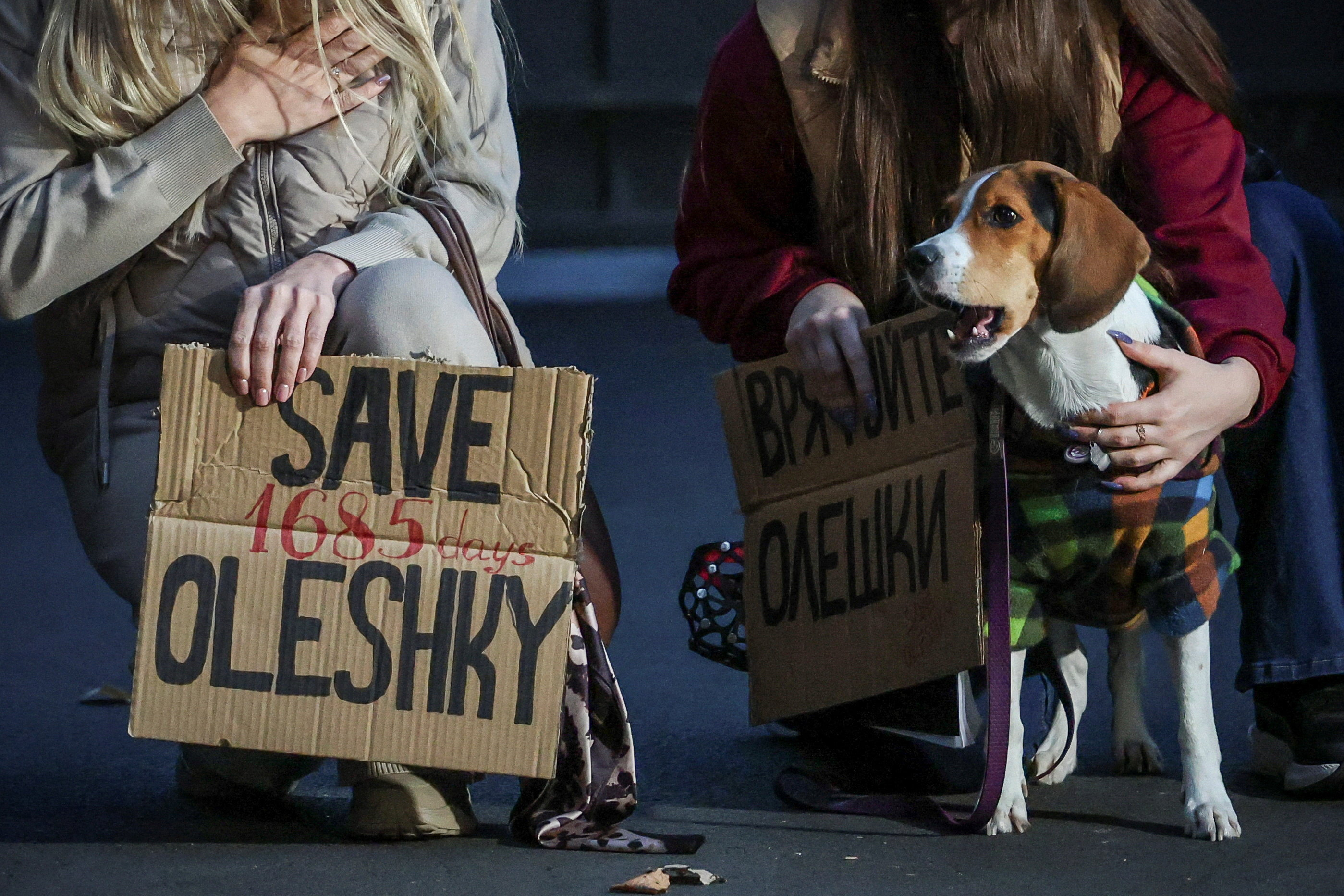 A dog looks on while women hold posters as they participate in a rally.