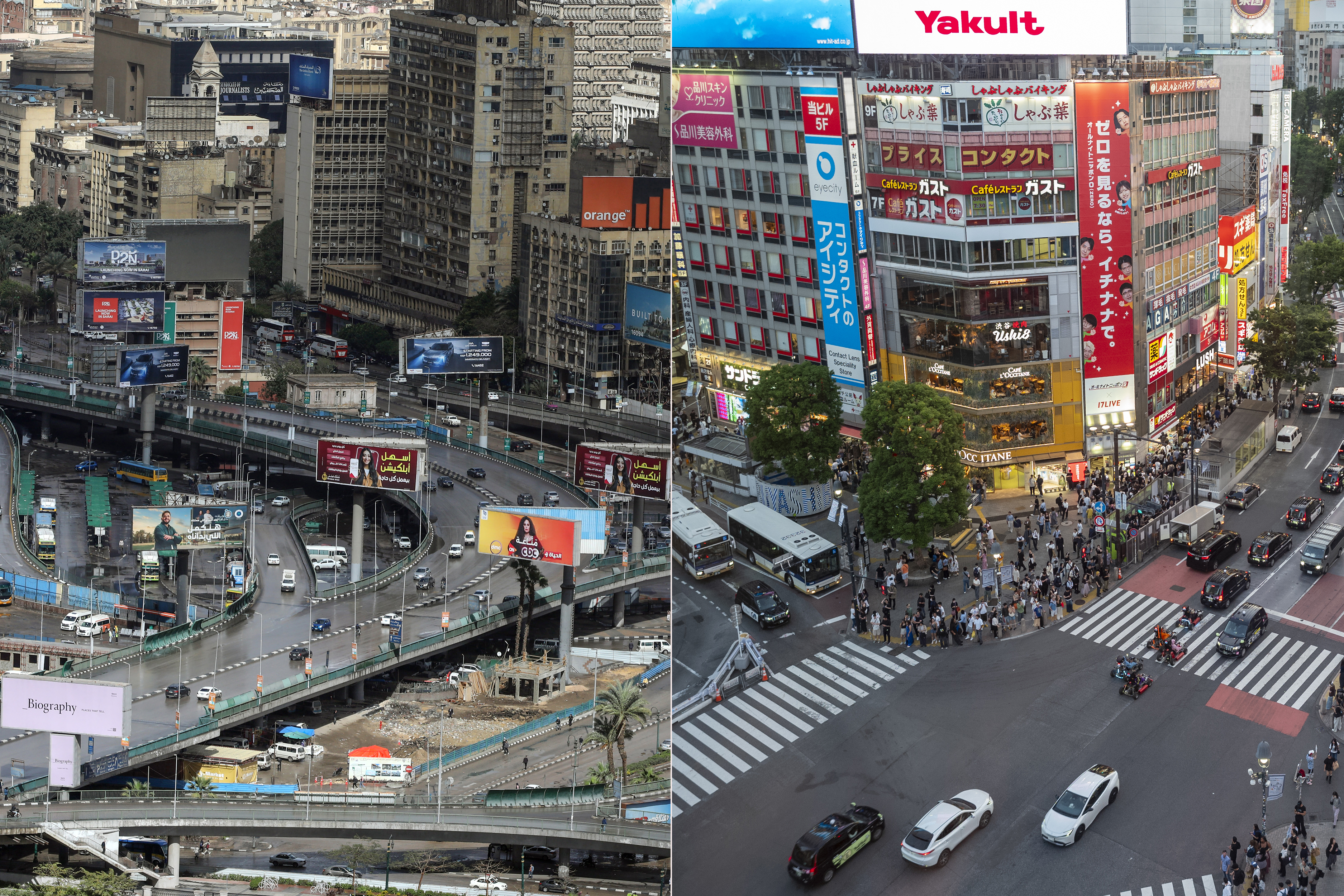 A view of Cairo, the capital of Egypt and View of Shibuya Crossing in the Shibuya district of Tokyo